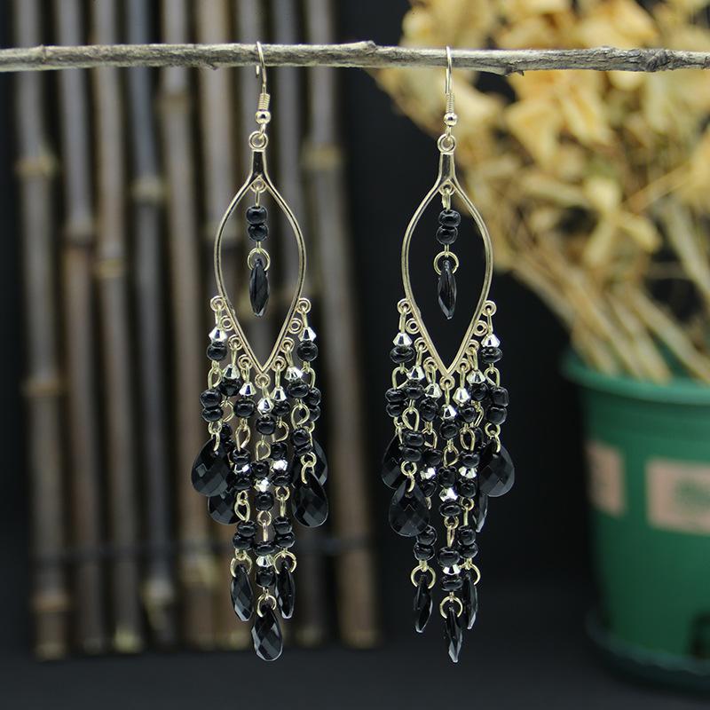 Bohemian Retro Long style Water Drop Earrings Black One Size