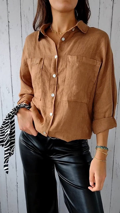 Cotton and Linen Solid Color Shirt brown