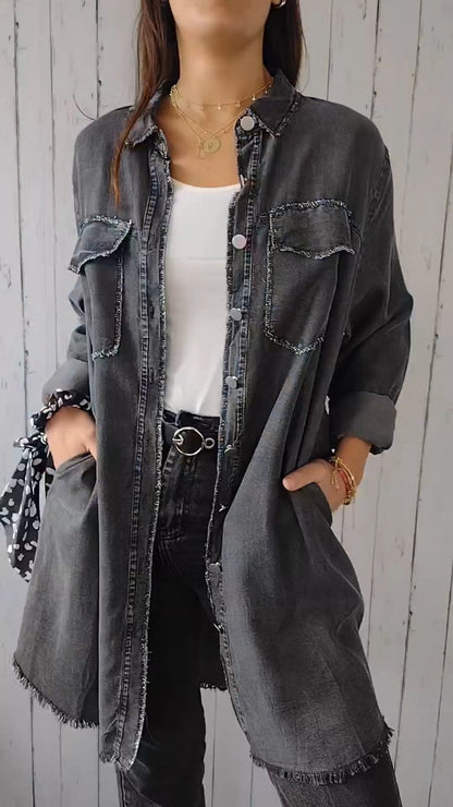 Faux Denim Comfortable Long Coat Shirt black