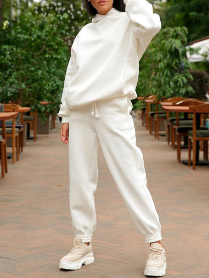 Solid Color Hooded Sweatshirt Casual Two Piece Set white