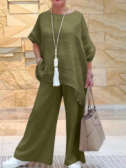 Women's Large Size Asymmetrical Long Sleeve Wide Leg Pants Cotton Linen Two-piece Set Army green