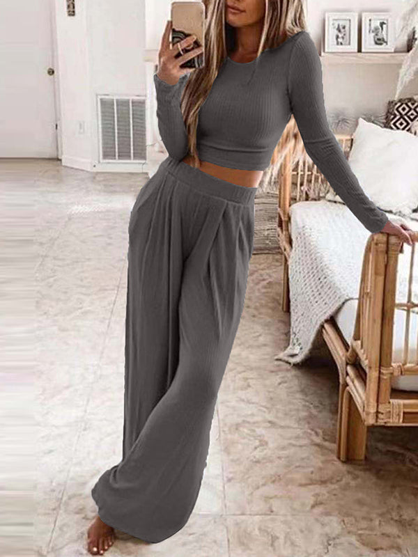 Solid color knitted casual home two-piece suit for women Grey