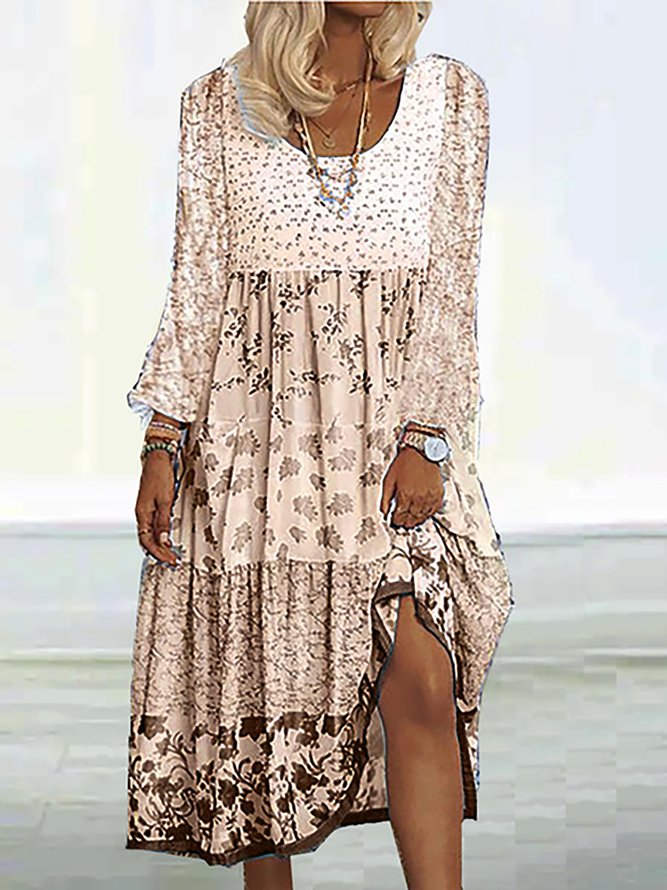 Floral Printed Long Sleeve Sweet Boho Dress Khaki