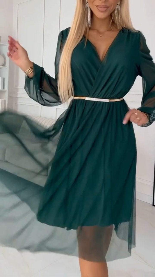 V-neck Solid Color Long-sleeved Chiffon Dress green