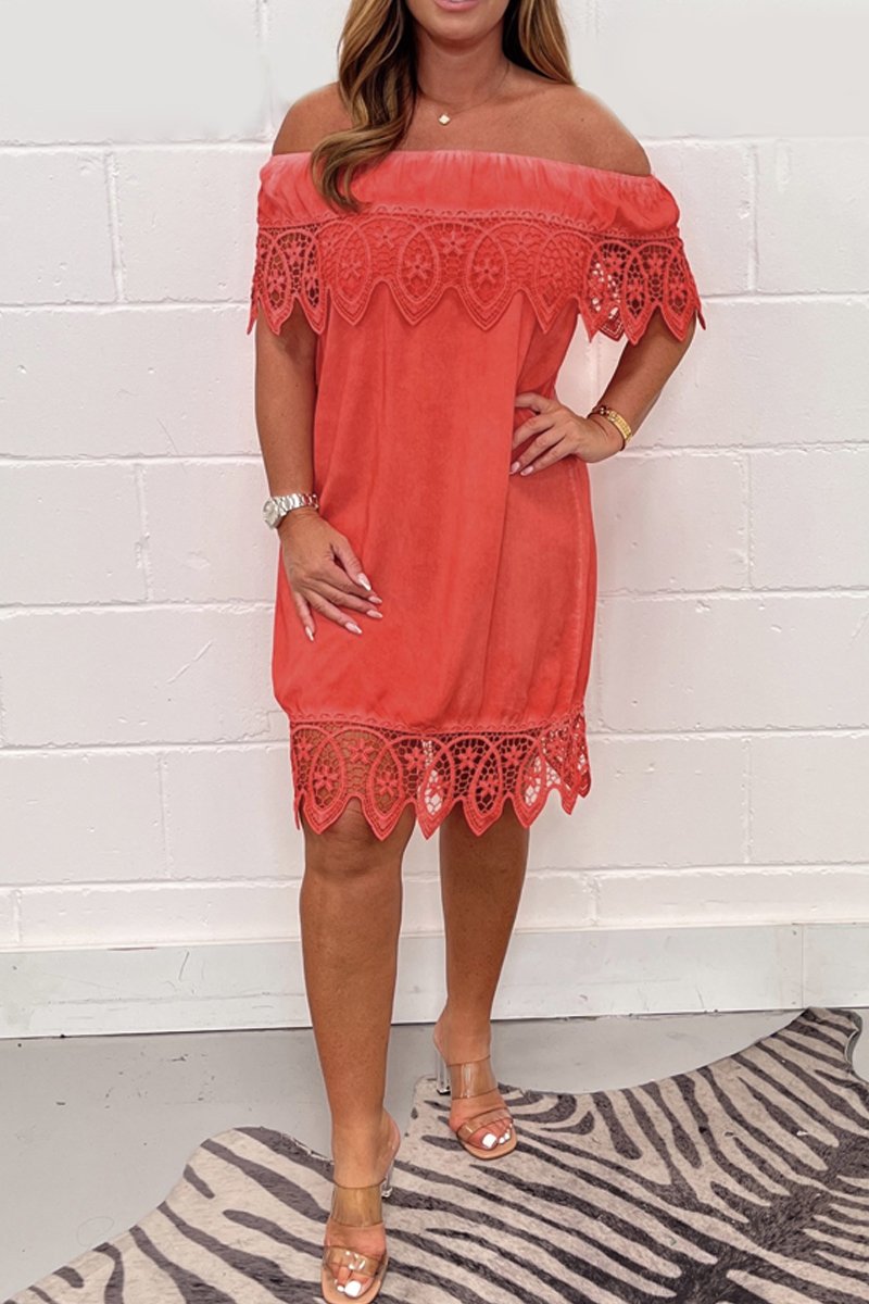 Distressed lace patchwork dress Red