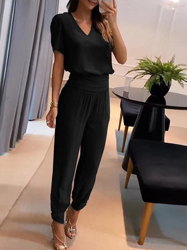 Fashion Casual V-neck Printed Short-sleeved Pant Suit Two-piece Black