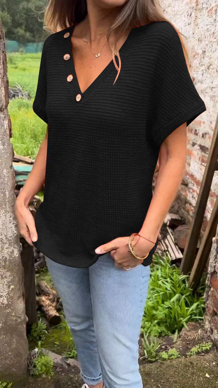 Knitted Cotton and Linen V-neck Top black