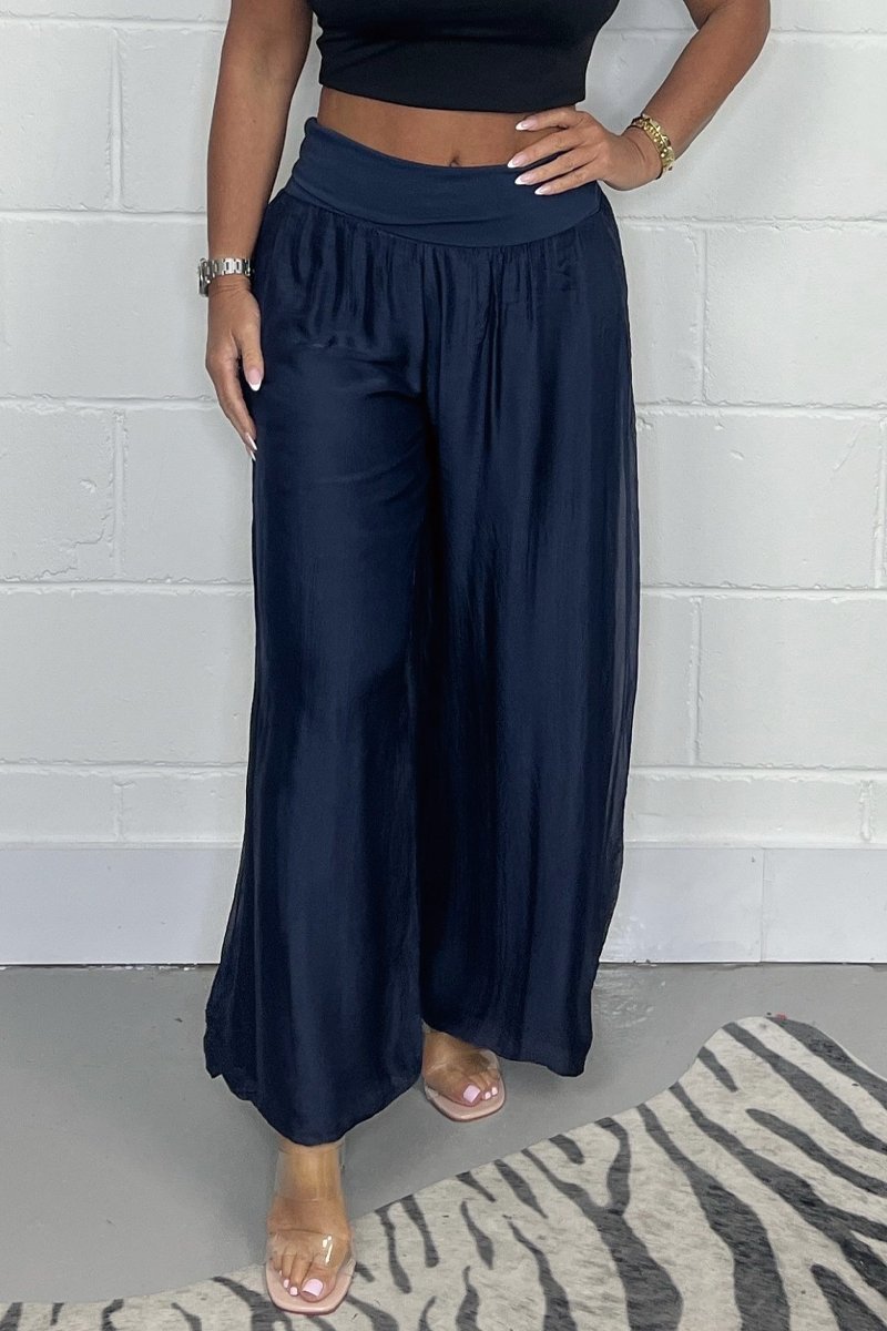 Satin turn-waist trousers Navy blue