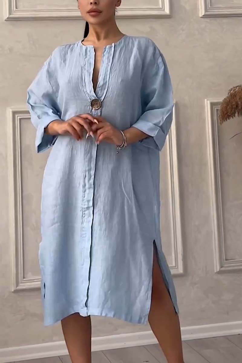 Casual buttoned cotton and linen dress Light blue