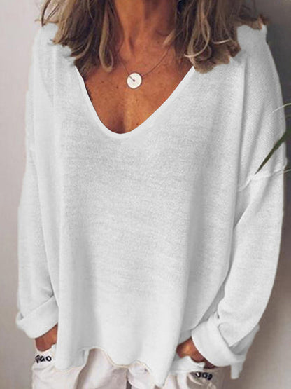 Solid color V-neck long sleeve T-shirt White