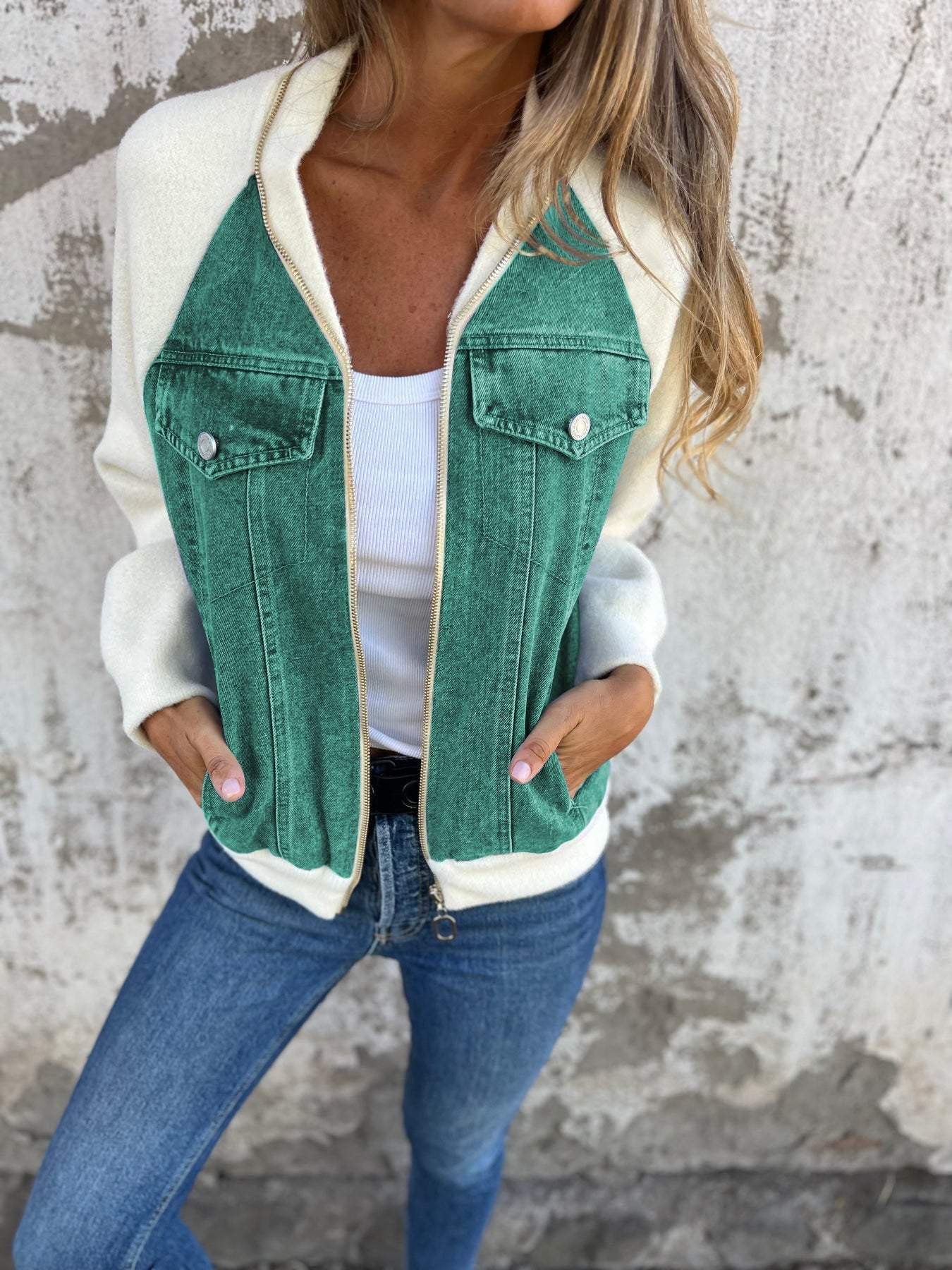 Casual V-neck Zipper Jacket green