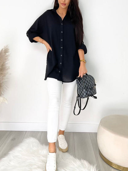 Women's Casual Solid Color Button Front Blouse Black