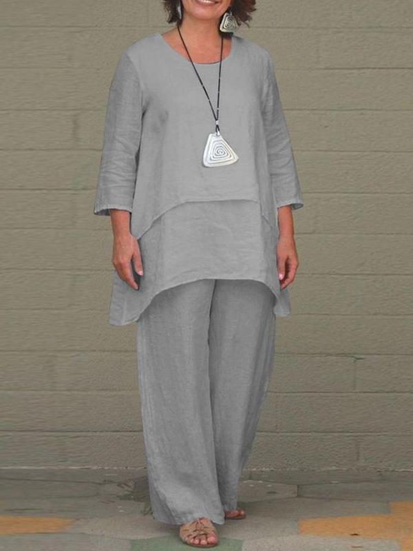 Cotton and Linen Irregular Long-sleeved Wide-leg Pants Two-piece Set Grey