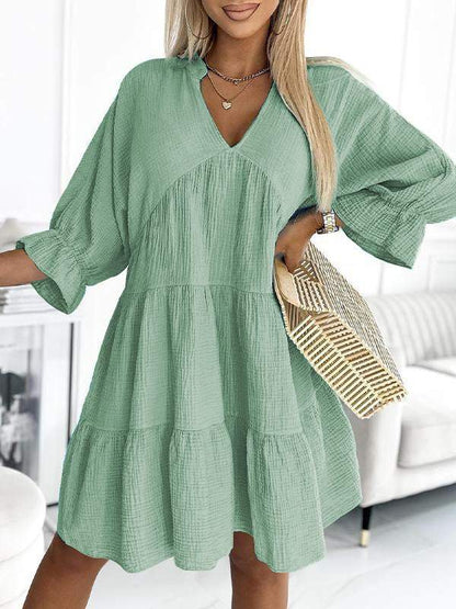 V-neck Solid Color Patchwork Loose Dress green