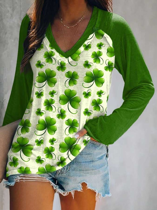 Casual Printed Long-Sleeved V-Neck T-Shirt As shown