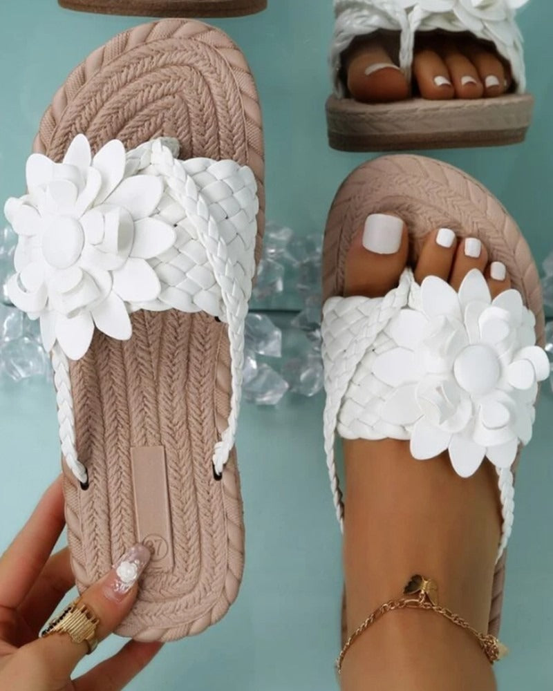 Braided Floral Pattern Toe Post Beach Flip Flops White