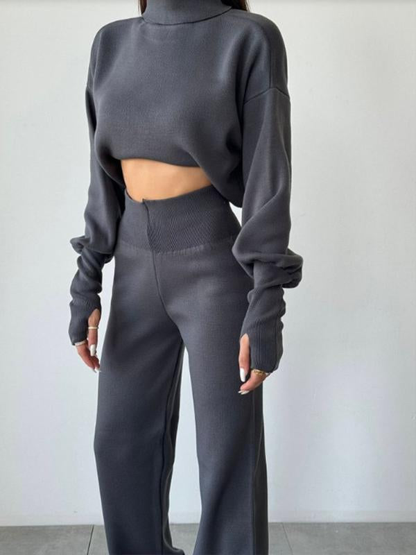 Casual Hoodie with High Neck, Loose Long-sleeved Trousers and Two-piece Set Gray