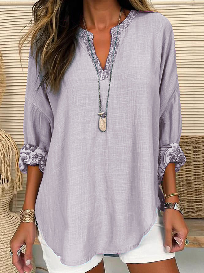 Women's V-neck Casual Printed Long-sleeved Shirt purple