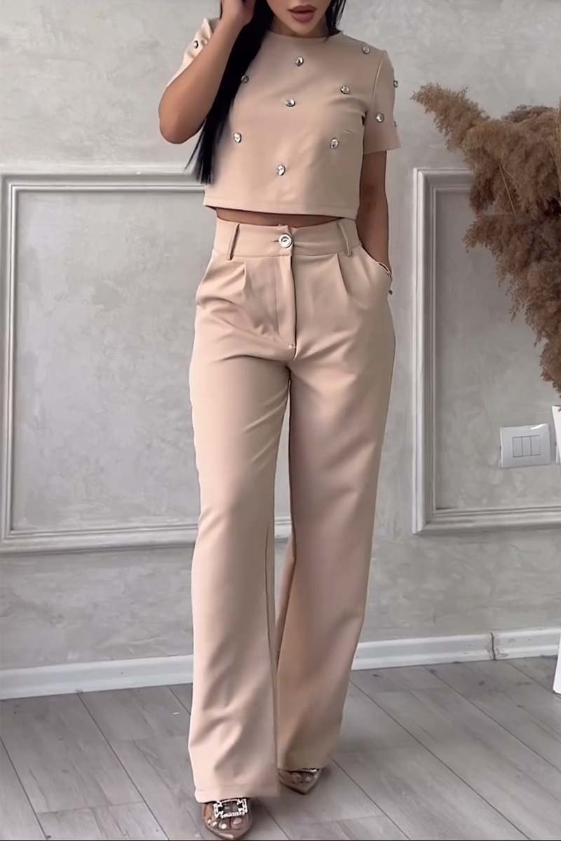 Stylish diamond embellished top and pants set Khaki