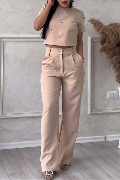 Stylish diamond embellished top and pants set Khaki