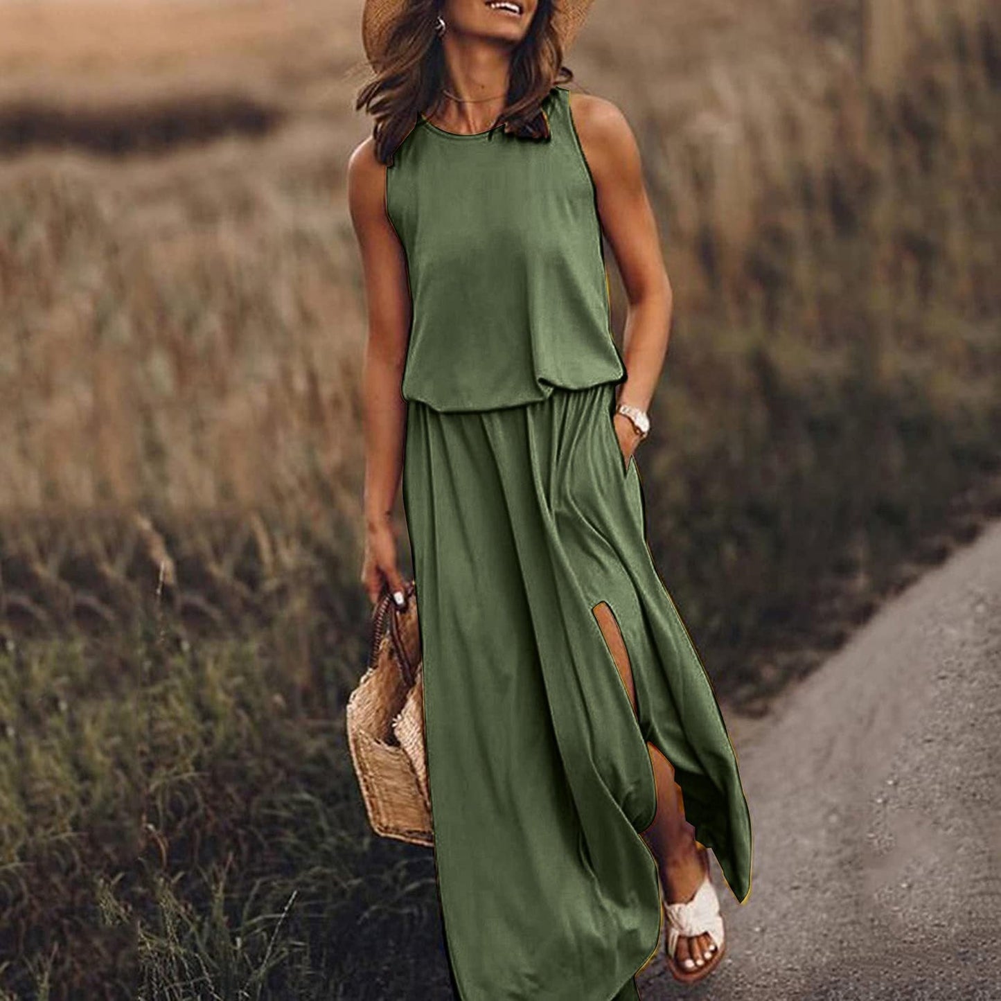 Women Vintage Boho Sleeveless Round Neck Solid Maxi Weaving Dress Dark green