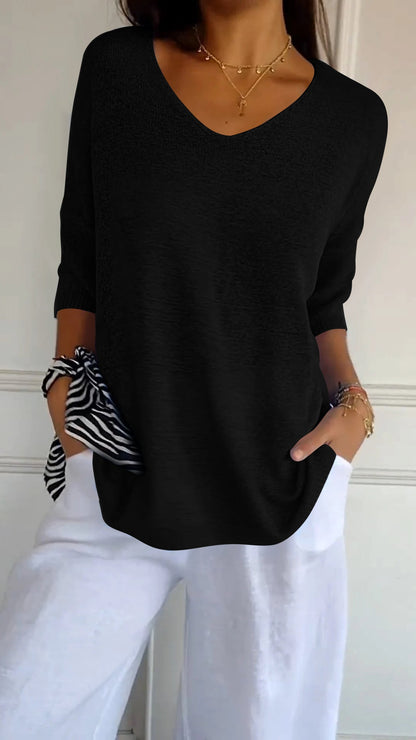 Solid Color Knitted V-neck Top black