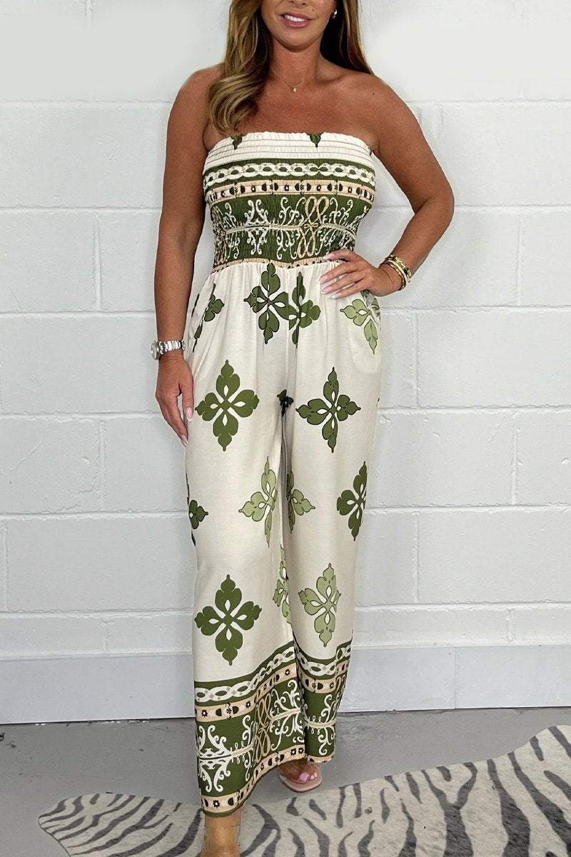 Strapless printed jumpsuit Green