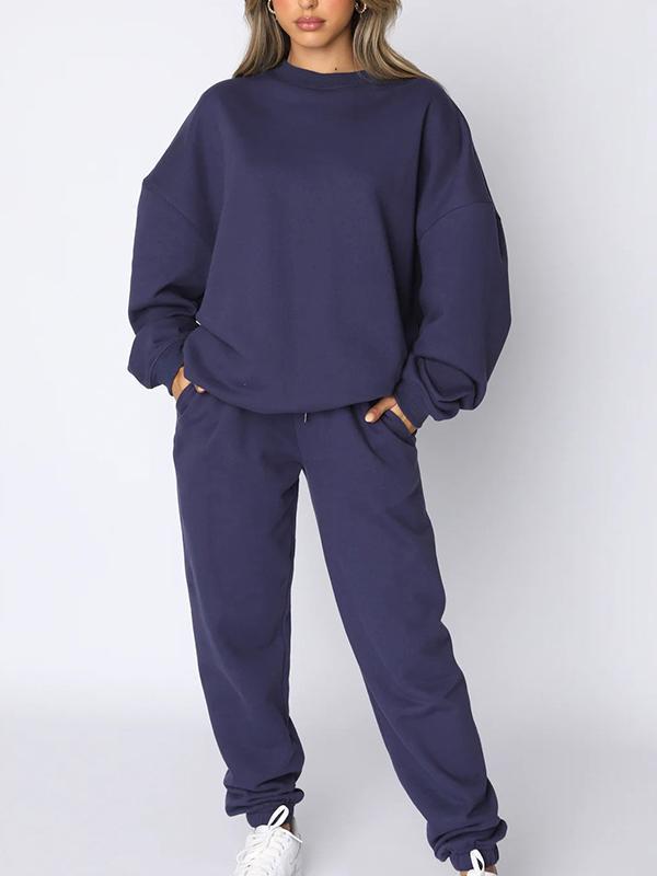 Solid color round neck trousers and long sleeve sweatshirt suit Navy Blue