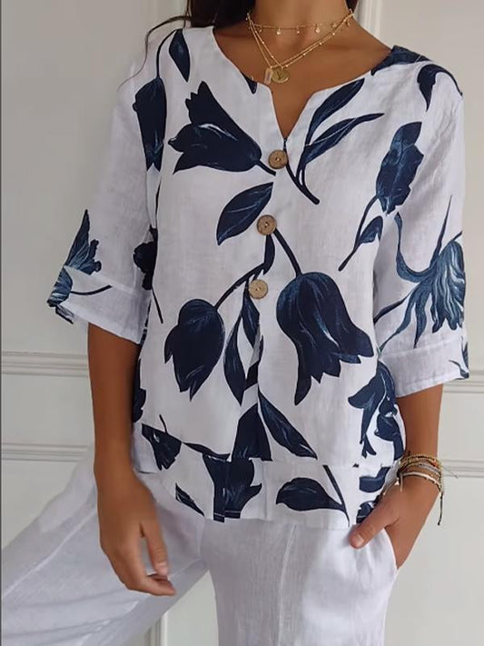 Women's Cotton and Linen Printed Casual Shirt White