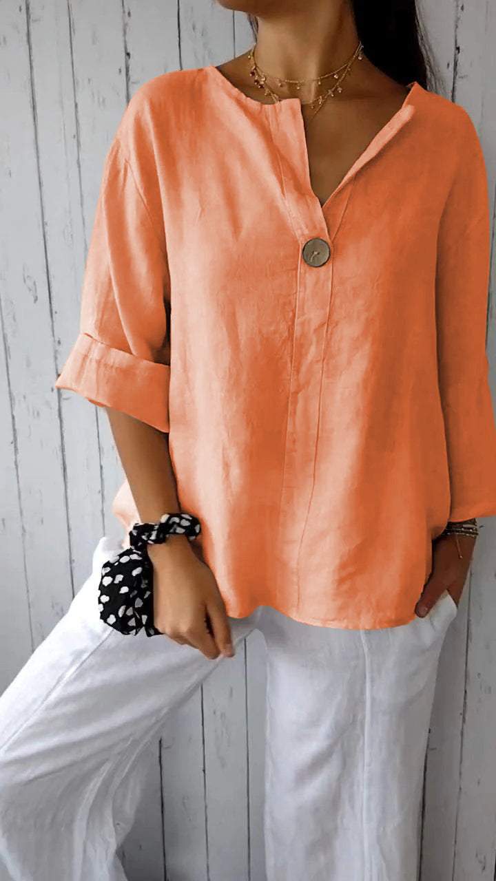 V-neck Mid-sleeve Cotton and Linen Top orange