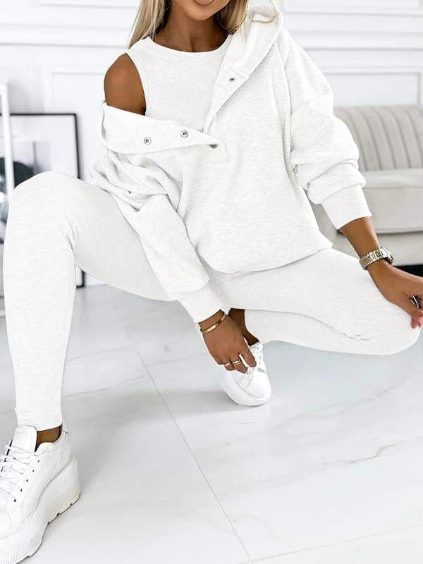 Hooded Casual and Comfortable Sweatshirt Suit white Sweater + Vest + Pants