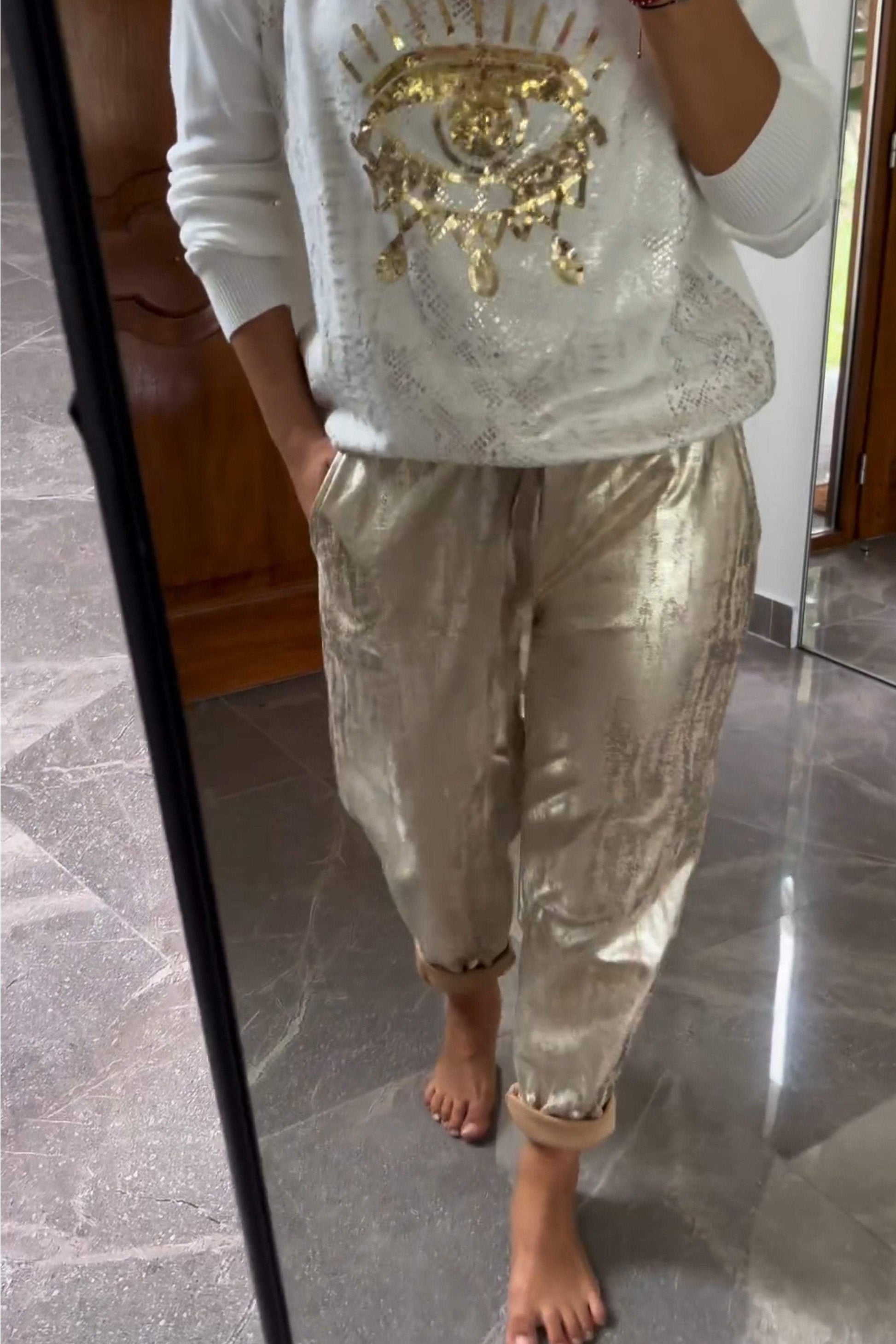 Fashionable Sequin Top And Bronzing Trousers Two-piece Set