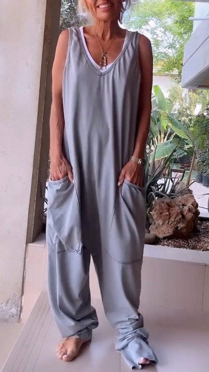 V-neck Sleeveless Casual Jumpsuit gray