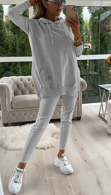 Women's Fashion Solid Color Hoodie and Lined Leggings two-piece set TOP+PANTS Grey