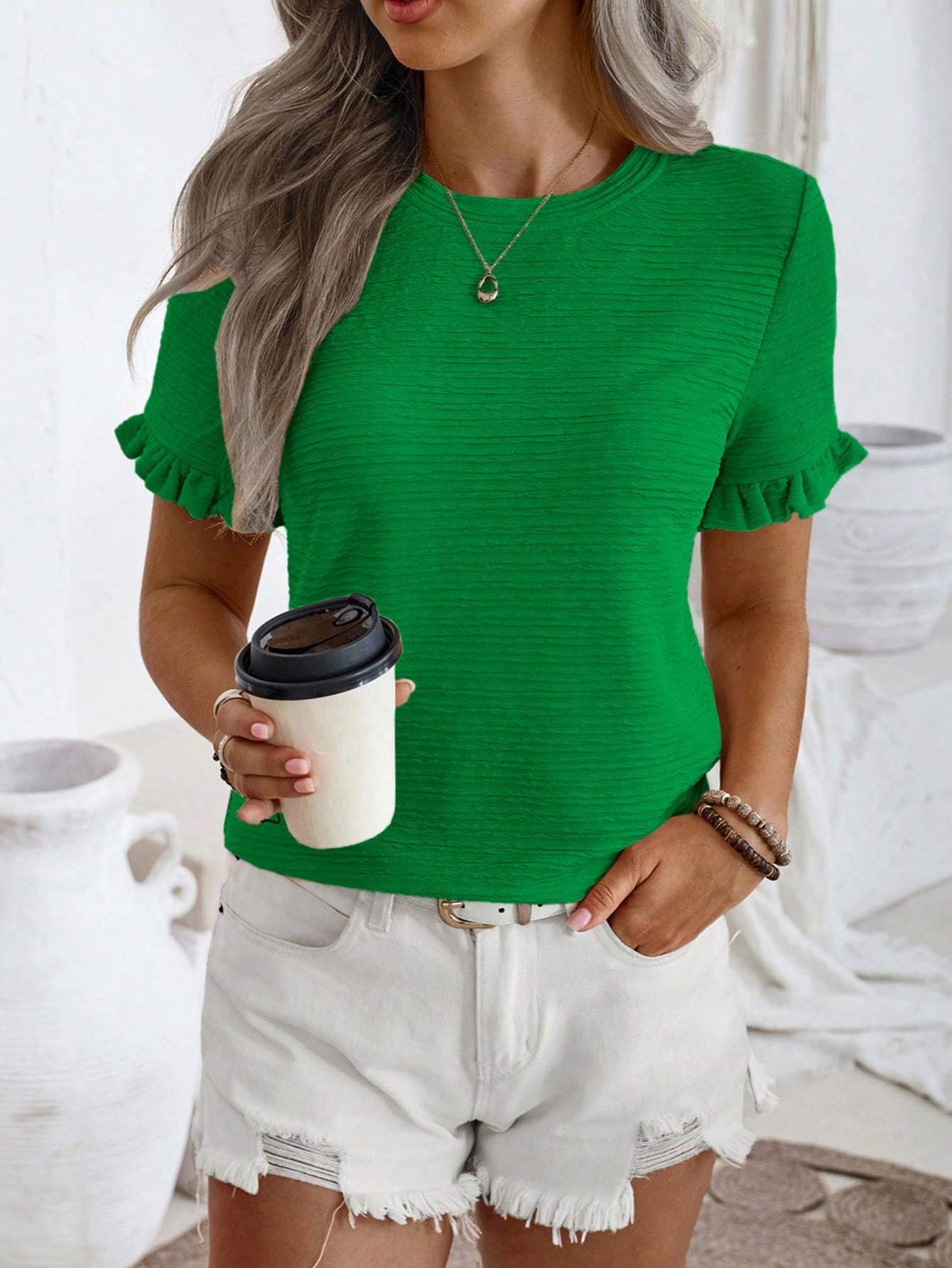 Round Neck Short Sleeve Fungus Casual Top green