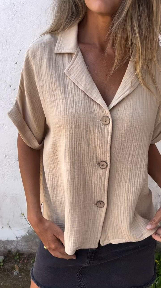 Lapel Short-sleeve Textured Shirt apricot