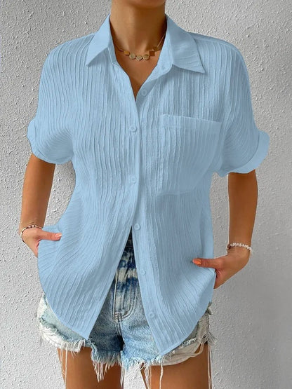 Shirt Collar Casual Buttoned Loose Blouse Blue