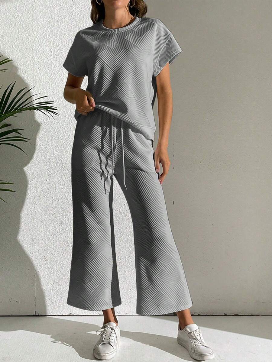 Casual Crew Neck Everyday Two-piece Suit Grey