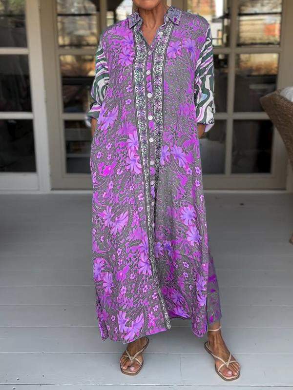 Casual Lapel Loose Printed Dress purple