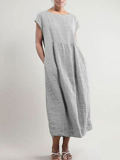 Solid color sleeveless loose cotton and linen pocket dress