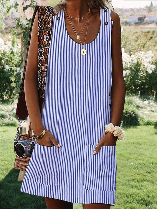 Crew Neck Women Dress Shift Daily Boho Pockets Striped Dress Blue