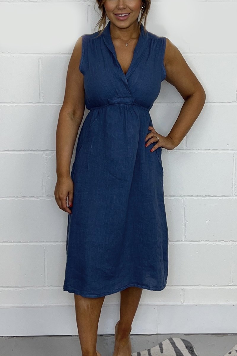 Tie Back Linen Dress Blue