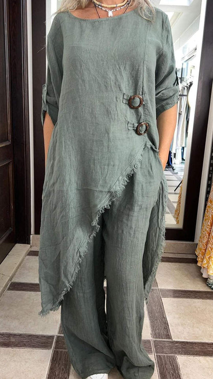 Women's Lapel Mid-length Sleeve Irregular Cotton and Linen Suit