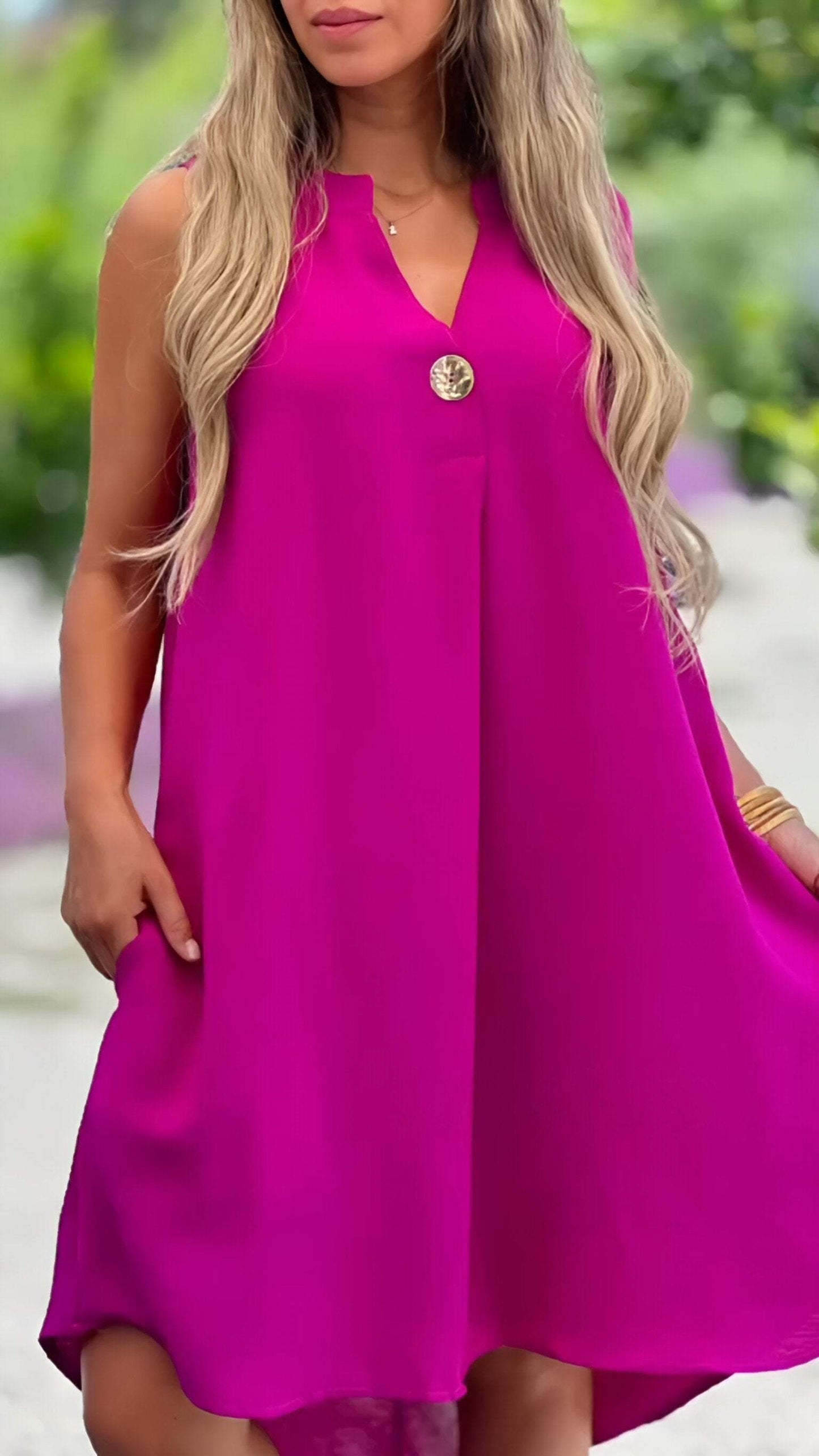 Chiffon V-neck Button Dress Rose red