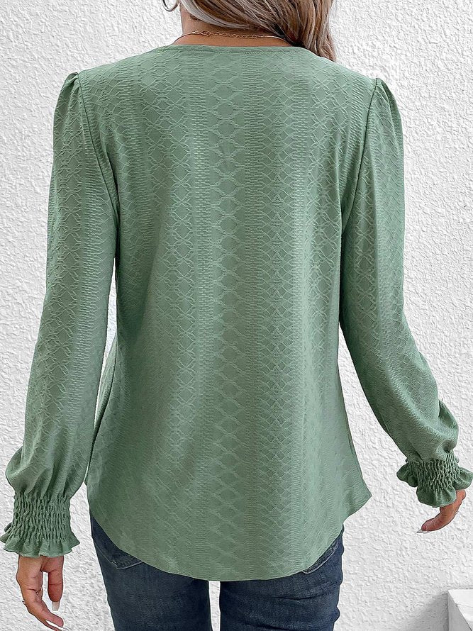 Jacquard Plain Square Neck Loose Casual Long Sleeve T-Shirt