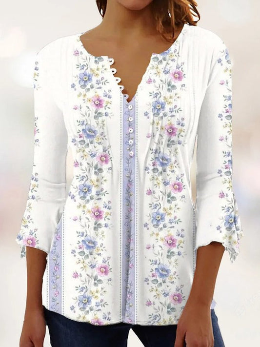 Jersey Floral Casual Loose Tunic Blouse Light Purple