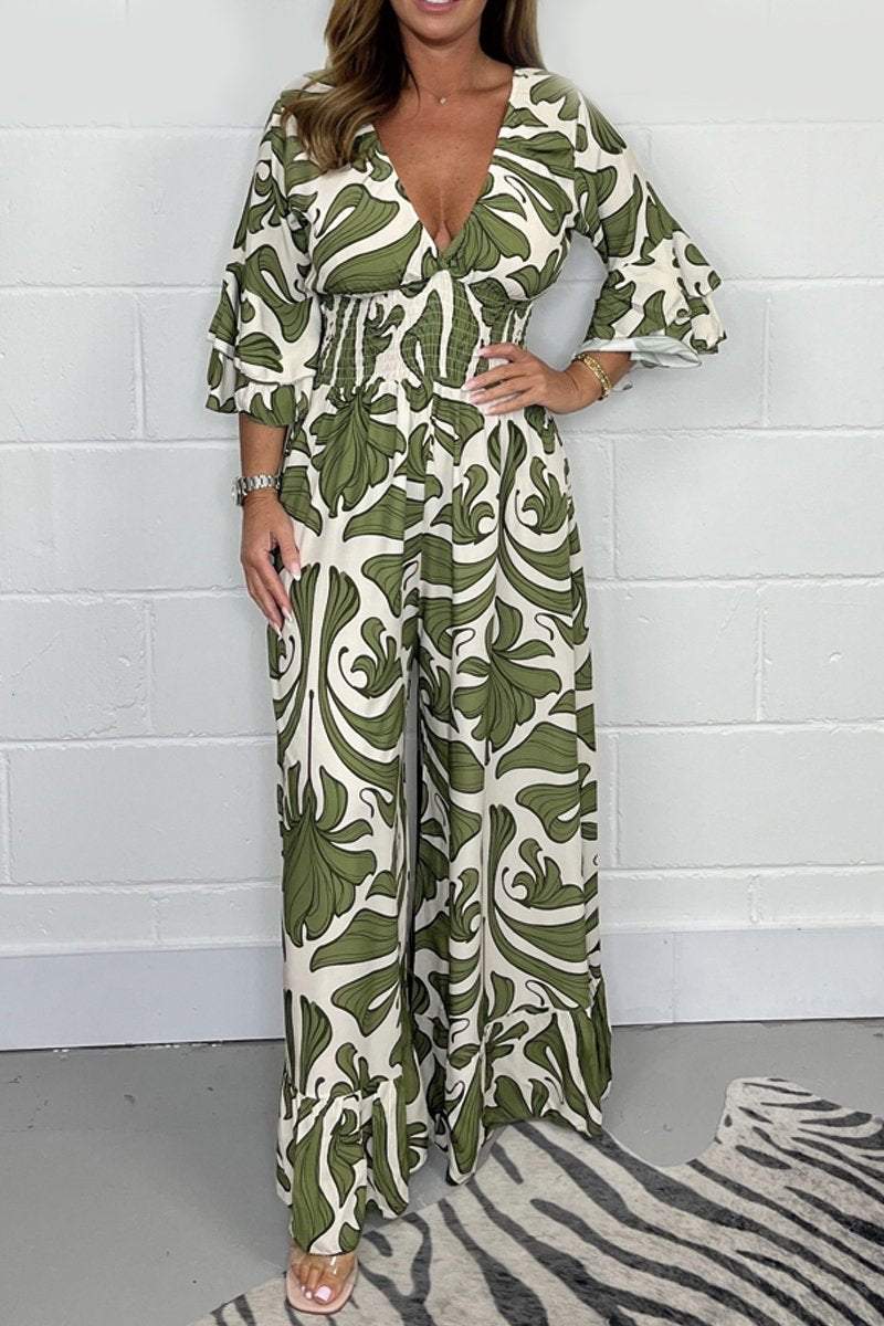 Printed V-neck jumpsuit Green