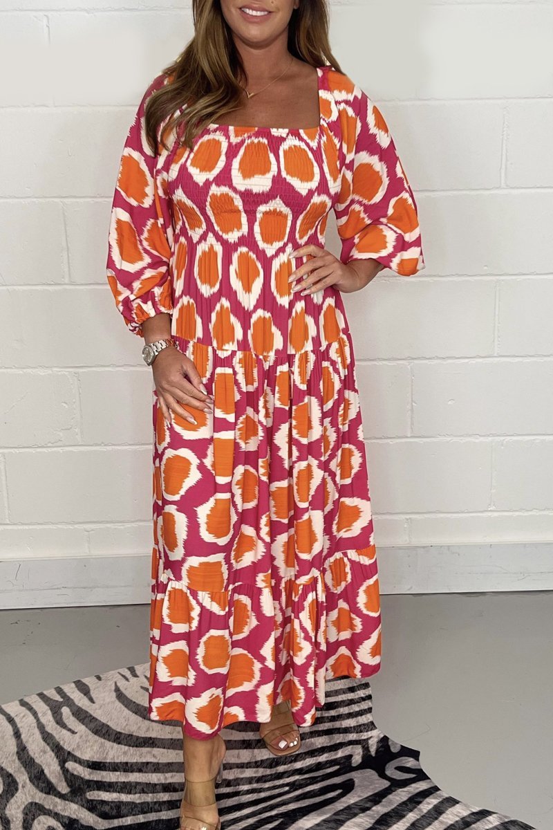 Square neck printed dress Orange