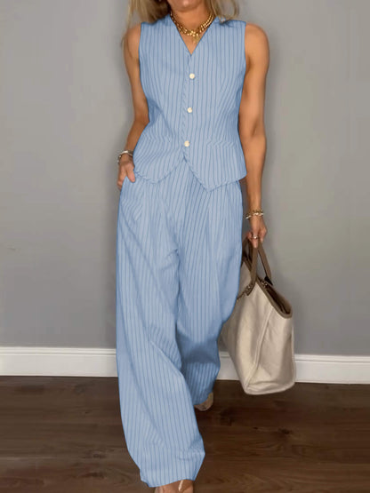 Casual V-neck Striped Two-piece Suit Bule