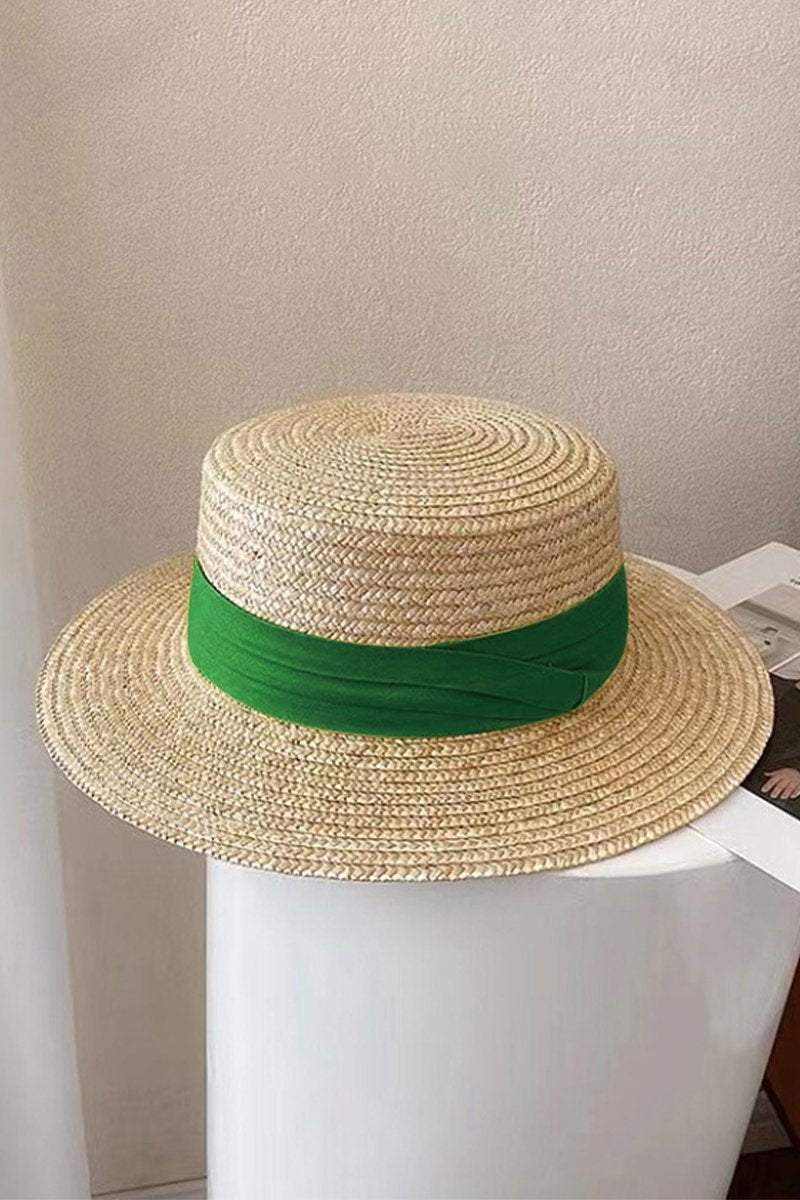 Flat top woven straw hat Green One size